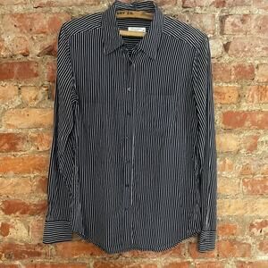 Equipment Femme Navy Stripe Silk Button Down Shirt - S